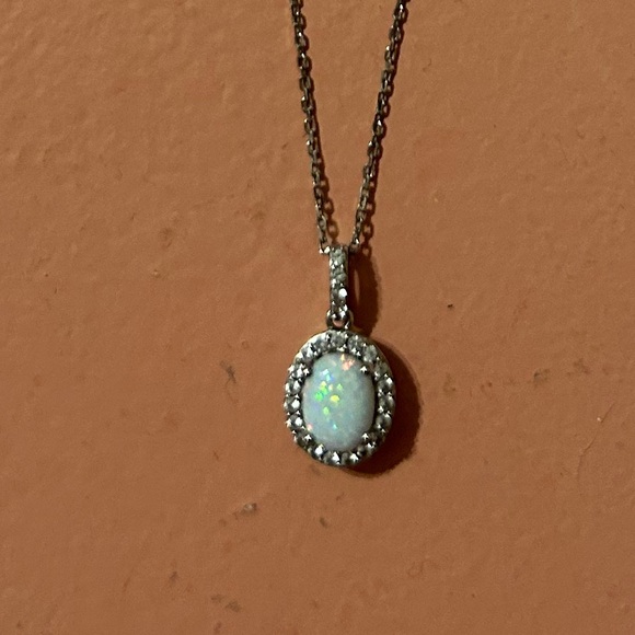 Lab-Created Opal & White Lab-Created Sapphire Necklace Sterling Silver 18" - Picture 3 of 5